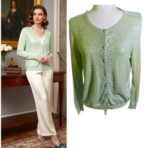Talbots Sequin Cardigan Women's Sz L Green Long Sleeve Button Up Sweater Dressy